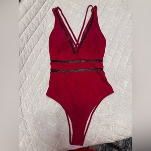 Beachsissi Red Strappy Mesh One-Piece Swimsuit with Black Accents | XL